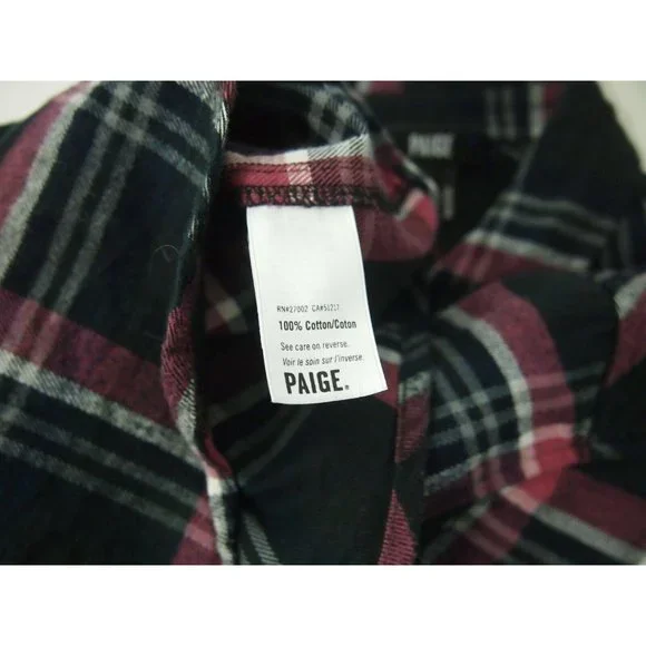 Paige Womens Top Shirt S Flannel Plaid Navy Blue Pink Long Sleeve Button Collar - Picture 5 of 5